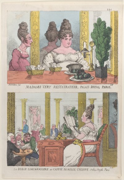 Madame Very Ristoratrice, Palais Royal Parigi e La Belle Liminaudiere al Caffè De Mille da Thomas Rowlandson