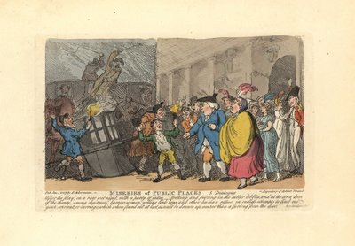 Uomo e donne che cercano una carrozza in una folla sotto la pioggia da Thomas Rowlandson