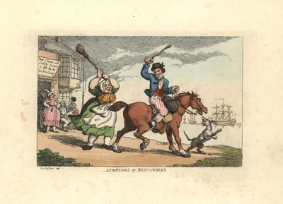 Uomo che picchia un cavallo testardo con un bastone, mentre il proprietario Wido da Thomas Rowlandson