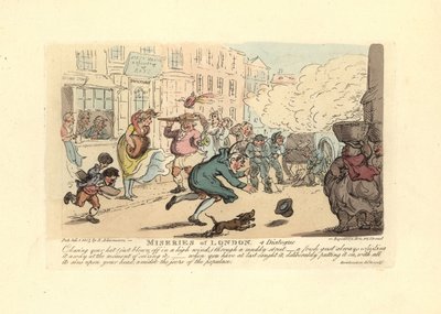 Uomo che rincorre il suo cappello in una strada fangosa con vento forte da Thomas Rowlandson