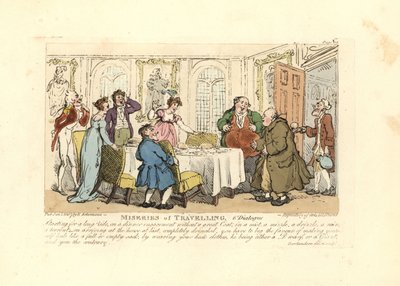 Uomo costretto a indossare i vestiti mal adattati del suo ospite a una cena da Thomas Rowlandson