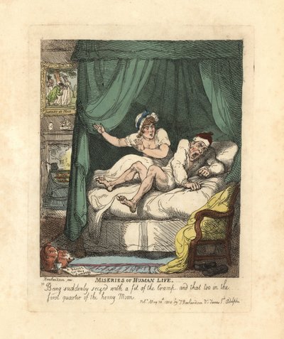 Uomo colto da crampo alla gamba nel letto di luna di miele da Thomas Rowlandson