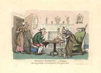 Uomo che si siede su un gatto spaventato nella sua sedia da Thomas Rowlandson