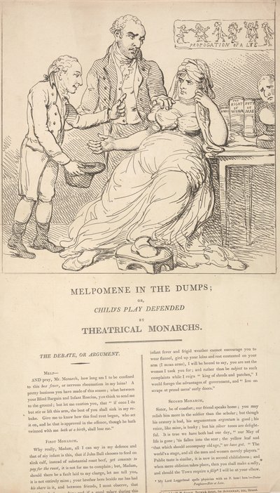 Melpomene in crisi; ovvero, I giochi dei bambini difesi dai monarchi del teatro da Thomas Rowlandson