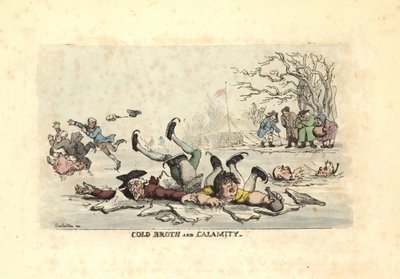 Uomini e donne che pattinano sul ghiaccio sottile e cadono in un fiume gelato da Thomas Rowlandson