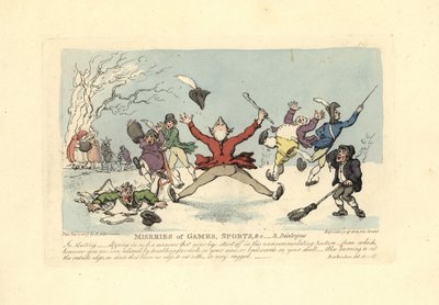Uomini che cadono sui pattini da ghiaccio, un altro che cade attraverso il ghiaccio da Thomas Rowlandson