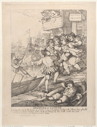 Le miserie di Londra: non appena si imbocca uno qualsiasi dei ponti di Londra o uno dei passaggi che conducono al Tamigi, si viene assaliti da un gruppo di barcaioli che alzano le mani e gridano a squarciagola: «Remi! Remi! Remi! Remi!». da Thomas Rowlandson