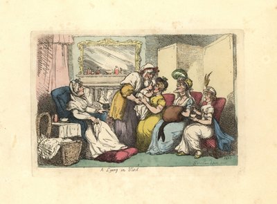 Madre con neonato visitata da diverse donne in un salotto da Thomas Rowlandson