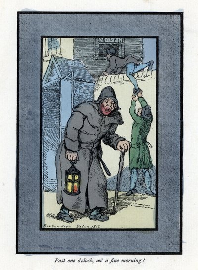 Guardiano notturno con la sua lanterna e bastone, disattento a due ladri che entrano in una casa dietro di lui (incisione su legno, basata su un dipinto di Thomas Rowlandson) da Thomas Rowlandson