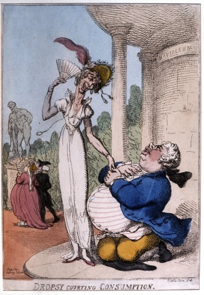 Uomo obeso che corteggia una paziente tubercolotica: idropisia e consunzione, inizio XIX secolo (caricatura) da Thomas Rowlandson