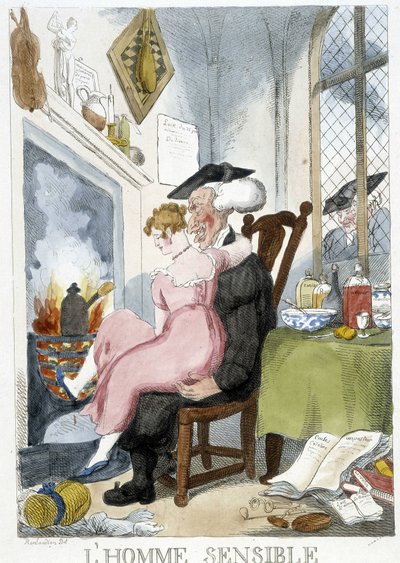 Vecchio (ecclesiastico) che palpeggia una giovane donna seduta sulle sue ginocchia - caricatura di Rowlandson da Thomas Rowlandson