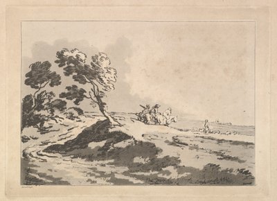 Paesaggio aperto con tre cavalieri in lontananza che si dirigono a destra, Windblo da Thomas Rowlandson