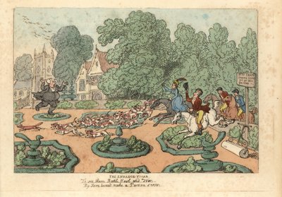 Parroco che maledice i cacciatori di volpi e i cani che calpestano il suo giardino da Thomas Rowlandson