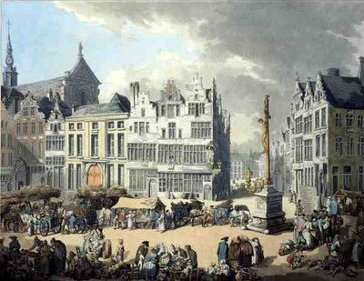 Place de Mier ad Anversa, inciso da Wright e Schutz, pub. da Rudolph Ackermann da Thomas Rowlandson
