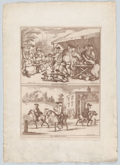 Fiera della ceramica a Cambridge, e, Il cancello del college da Thomas Rowlandson