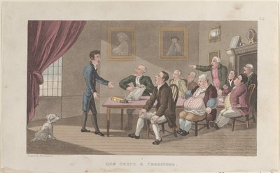 Quae Genus & Creditori, da La storia di Johnny Quae Genus, The Little Fou..., 1 dicembre 1821 da Thomas Rowlandson