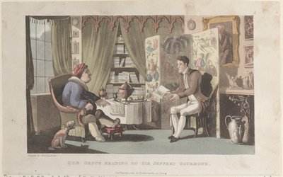 Quae Genus che Legge a Sir Jeffery Gourmand, da The History of Johnny Quae Genu..., 1 marzo 1822 da Thomas Rowlandson