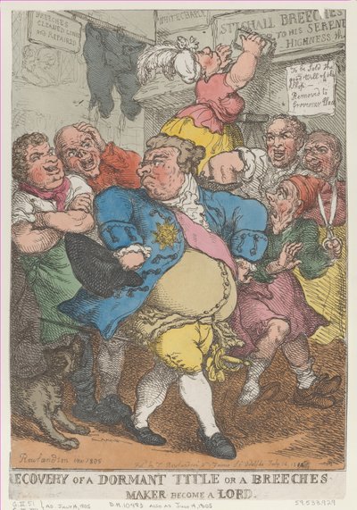 Recupero da un titolo dormiente o un fabbricante di calzoni diventa..., [14 luglio 1805], ripubblicato 14 luglio 1812 da Thomas Rowlandson