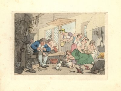 Calzolaio del periodo Regency che ripara scarpe in una stanza affollata da Thomas Rowlandson