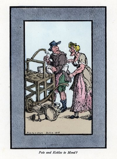 Riparatore ambulante e cliente che mostra il fondo di una pentola. Colpisce una pentola di metallo con un martello su una panca portatile. Incisione su legno, basata su un dipinto di Thomas Rowlandson (1756-1827), pubblicata in The Cris of London: con sei  da Thomas Rowlandson