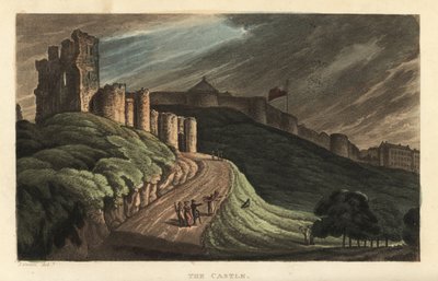 Castello di Scarborough: turisti che camminano sulla collina verso il castello di pietra del XII secolo. Incisione colorata a mano di Thomas Rowlandson dopo uno schizzo di J. Green da 