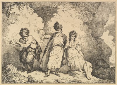 Scena da La Tempesta: Caliban, Prospero e Miranda, [1783-87] ripubblicato 1801 da Thomas Rowlandson