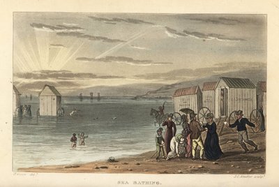 Bagno in mare: donne nude che nuotano in mare e macchine da bagno portate in acqua da Thomas Rowlandson