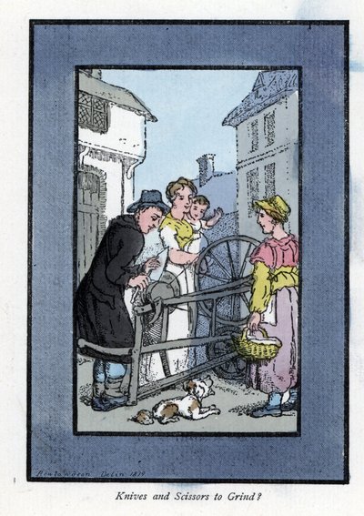 Affilatore che affila un coltello sulla sua mola, con i suoi clienti (1819) da Thomas Rowlandson