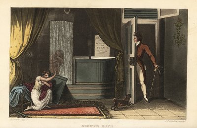 Doccia fredda: donne che fanno una doccia fredda in un bagno nascondendo la loro modestia da un intruso maschio da Thomas Rowlandson