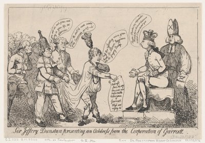 Sir Jeffery Dunstan presenta un indirizzo dalla Corporazione di Garratt da Thomas Rowlandson