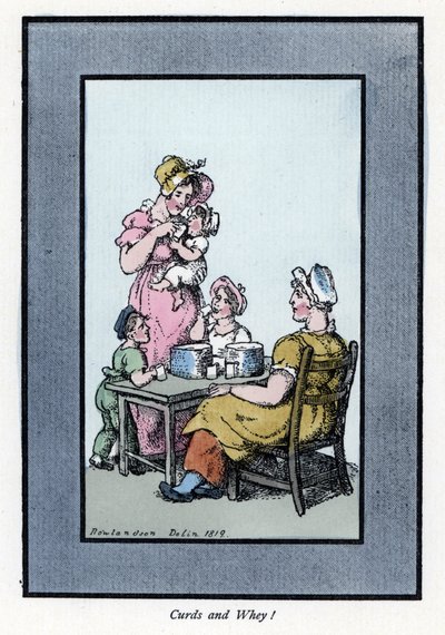 Donna seduta che vende latte di quaglia e latte a una madre e ai bambini (1819). Incisione su legno, basata su un dipinto di Thomas Rowlandson (1756-1827), pubblicata in The Cris of London: con sei bambini affascinanti e quasi 40 illustrazioni, di Andrew T da Thomas Rowlandson