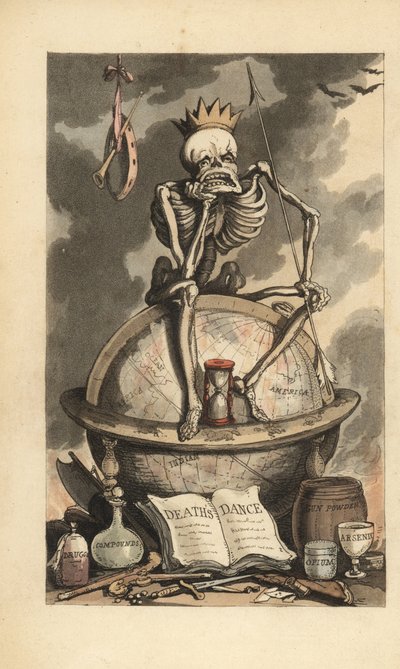 Scheletro con corona, lancia e clessidra seduto su un globo sopra varie armi letali, pistole, coltelli, veleni e droghe. Incisione a mano colorata su rame disegnata e incisa da Thomas Rowlandson da The English Dance of Death, Ackermann, Londra da Thomas Rowlandson