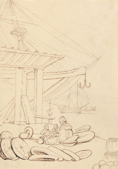 Schizzo di una donna e dei suoi bambini seduti su una banchina portuale da Thomas Rowlandson