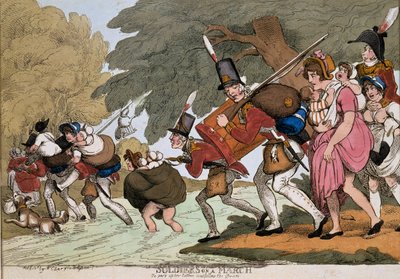 Soldati in marcia, incisione di G.M.Woodward, pubblicata nel 1811 da Thomas Rowlandson