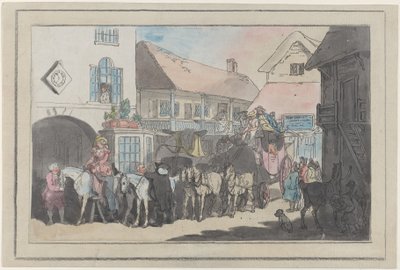 Diligenza e cavalieri nel cortile di una locanda, pronti a partire da Thomas Rowlandson