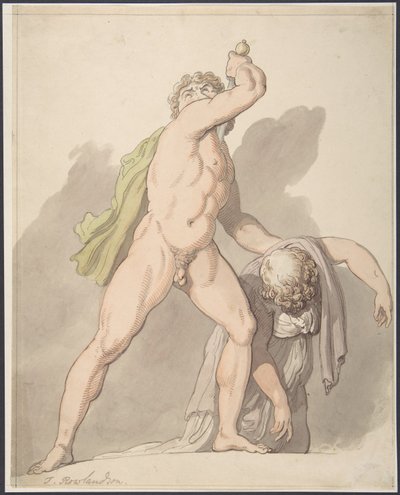 Uomo nudo in piedi che sostiene una donna svenuta (Il Galata dei Ludovisi agli Uffizi) da Thomas Rowlandson