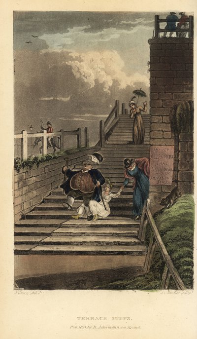 Scalinata della terrazza: turisti cadono dalle scale di Cliff Terrace. Incisione a mano colorata su rame di Thomas Rowlandson, acquaforte di J.C. Stadler, da un disegno di J. Green da Poetical Sketches of Scarborough, Ackermann, Londra da Thomas Rowlandson