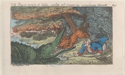 Il barone arriva a Ceylon, combatte e sconfigge due avversari straordinari, ristampa da Thomas Rowlandson