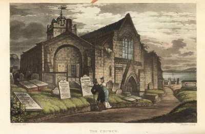 La chiesa: vecchi turisti che leggono le lapidi in un cimitero gotico. Incisione a mano colorata da Thomas Rowlandson, acquaforte di J.C. Stadler, da uno schizzo di J. Green da Poetical Sketches of Scarborough, Ackermann, Londra da Thomas Rowlandson