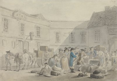 La Dogana a Boulogne - verso: Schizzo a grafite di cavalli, carrozze e edifici da Thomas Rowlandson