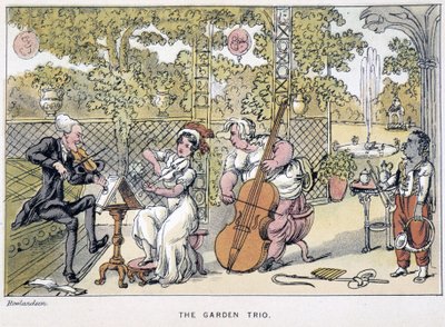 Il Dottore che suona il violino: “Il Trio del Giardino” - in “I tre tour del Dottor Syntax: alla ricerca del pittoresco, della consolazione e di una moglie” di William Combe da Thomas Rowlandson