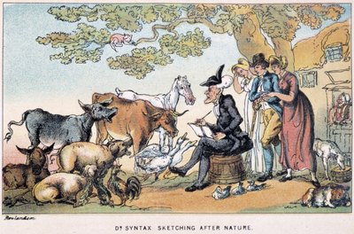 Il dottore disegna animali da fattoria dalla natura - in "I tre viaggi del dottor Syntax: alla ricerca del pittoresco, della consolazione e di una moglie" di William Combe, ill. Rowlandson da Thomas Rowlandson