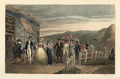 La passeggiata: turisti alla moda che passeggiano fuori dal negozio di conchiglie, ciottoli e curiosità di Cracknill da Thomas Rowlandson