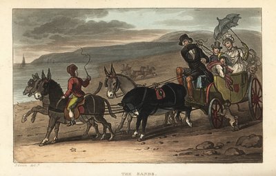 La spiaggia: turisti in una carrozza trainata da asini sulla spiaggia. Incisione a mano colorata di Thomas Rowlandson da Poetical Sketches of Scarborough, Ackermann, Londra da Thomas Rowlandson