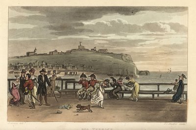 La terrazza termale: turisti che passeggiano in una giornata ventosa sulla Cliff Terrace. Incisione a mano colorata da Thomas Rowlandson, acquaforte di J. C. Stadler, da uno schizzo di J. Green da Poetical Sketches of Scarborough, Ackermann, Londra da Thomas Rowlandson