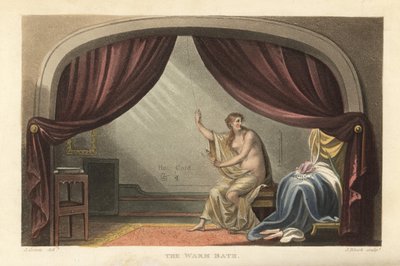 Il bagno caldo: donna nuda che fa il bagno dietro le tende in una stanza in stile Regency. Si dice sia un ritratto di Mary Robinson, amante di Re Giorgio IV. Incisione a mano colorata di Thomas Rowlandson, acquaforte di J. Bluck, da uno schizzo di J. Green da Thomas Rowlandson