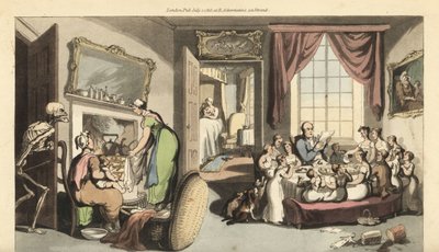 Lo scheletro della Morte appare nel salotto di una grande famiglia per prendere un bambino o un neonato. da Thomas Rowlandson