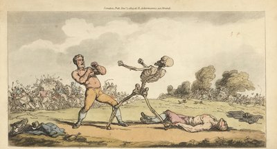 Lo scheletro della Morte combatte con un pugile a mani nude mentre un altro pugile giace a terra e la folla fugge terrorizzata da Thomas Rowlandson