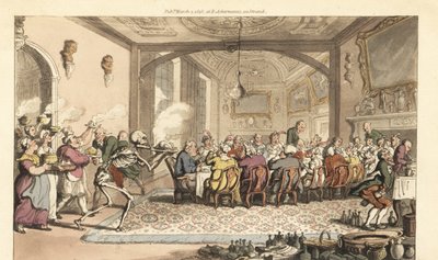 Lo scheletro della Morte porta un piatto fatale a un banchetto goloso in una grande sala. Incisione a mano colorata disegnata e incisa da Thomas Rowlandson da The English Dance of Death, Ackermann, Londra da Thomas Rowlandson