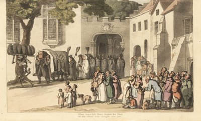 Lo scheletro della Morte porta piume funebri nere davanti al corteo di Lord Roland. Il buono e il grande. Incisione colorata a mano disegnata e incisa da Thomas Rowlandson da 
